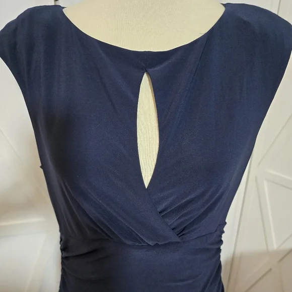 Lauren Ralph Lauren Navy Blue Ruched Bodycon with Elegant Front keyhole Cutout - Picture 2 of 6